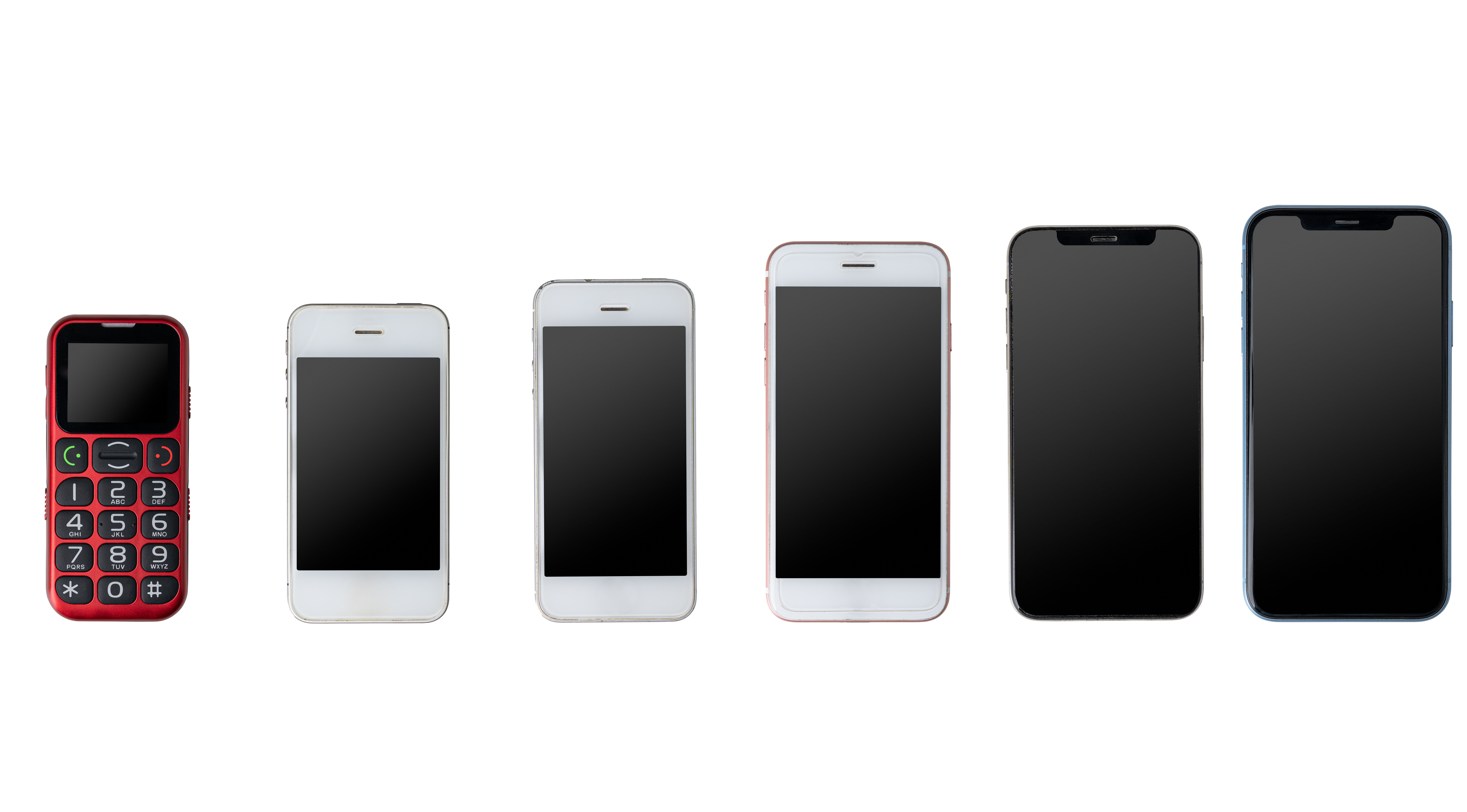 Phone evolution from cellphone to newest generation smartphone.