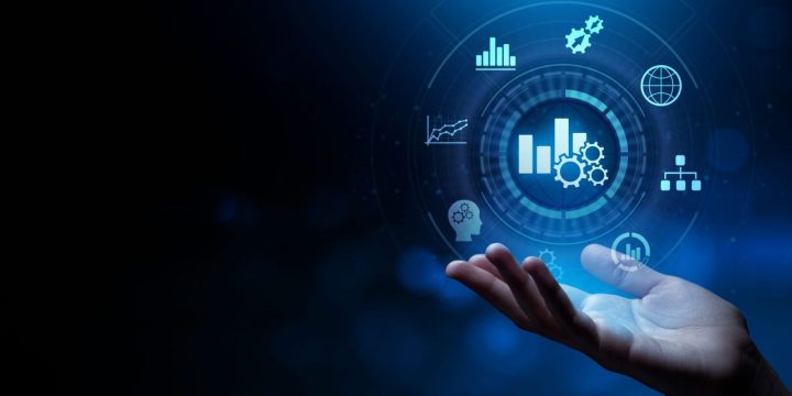 Business analytics big data analysis technology concept on VR screen.