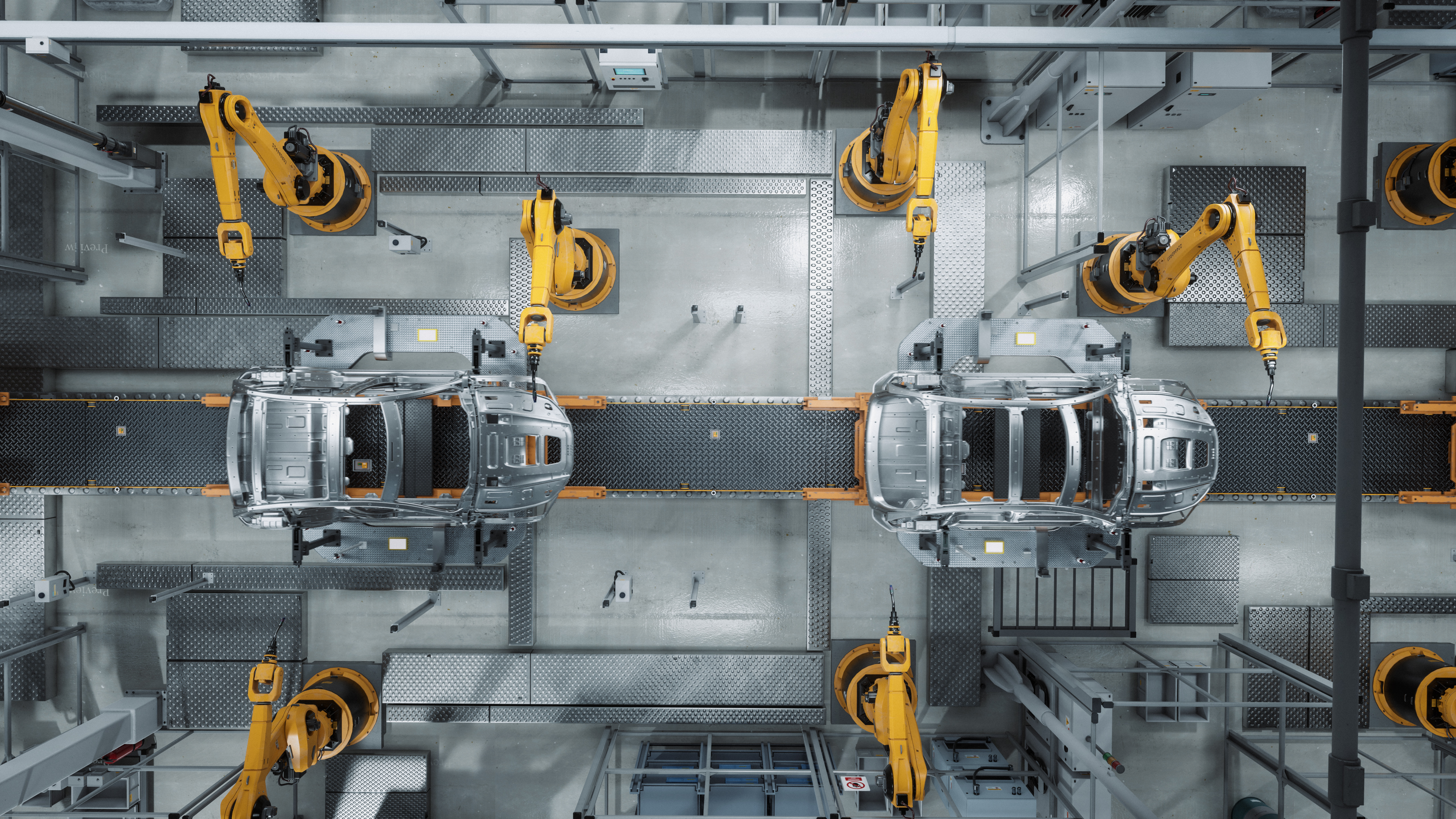 Aerial Car Factory 3D Concept: Automated Robot Arm Assembly Line