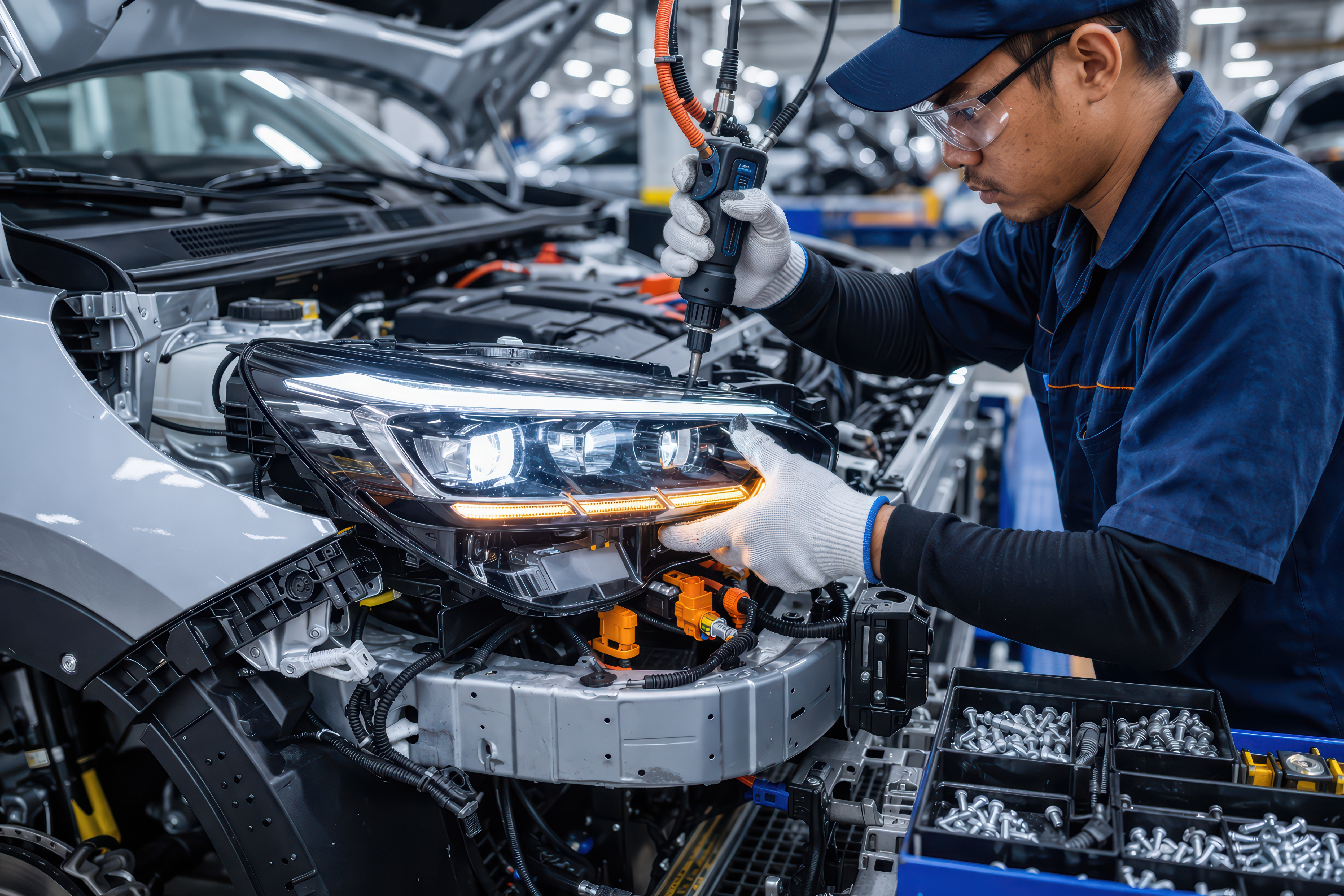 Car headlight assembly automotive repair technician electric screwdriver factory setting vehicle maintenance protective gloves safety glasses modern car workshop environment mechanical work car